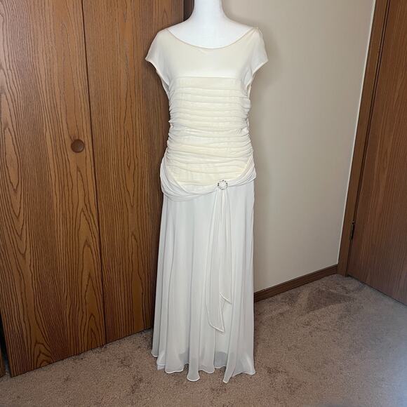 Vtg 90s Womens Maxi Dress 14 Ivory Ruched Broach Wedding Romantic Ethereal Angel - Picture 2 of 12